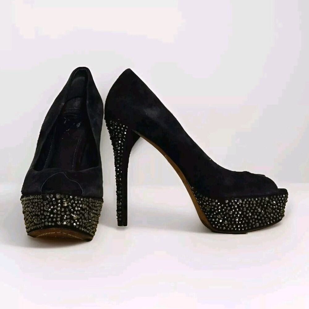 B Brian Atwood 7.5‎ Black Suede Crystal Studded Peep Toe Platform